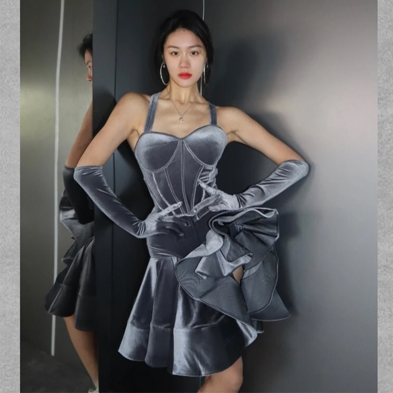 Velvet Latin Dance Competition Dress Women Luxury Fishbone Dress Prom Club Cha Cha Rumba Samba Dance Performance Costume NV24503