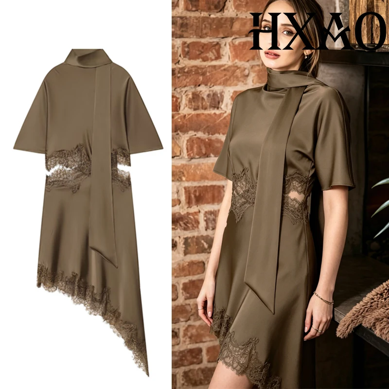 HXAO Cut-Out-Spitzenkleid für Damen, asymmetrische Satinkleider für Damen, Schal-Kragen, elegante Partykleider, schickes kurzes Resort-Kleid