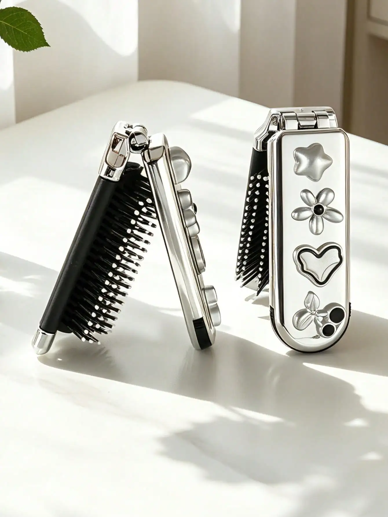 

1pc Shiny Electroplated Silver Oval Folding Comb With Compact Mirror, Pocket-Sized, Portable Design For Unisex, Back To School