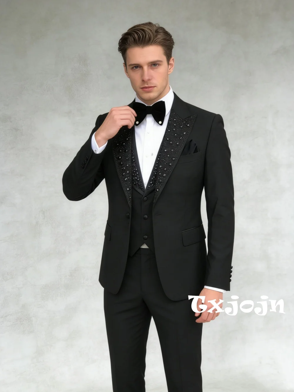 

Men's Black Beaded Suit Set 3 Pieces Business Outfit Luxurious Man Formal Tuxedo Wedding Groom Sets Plus Size Slim Fit Suits