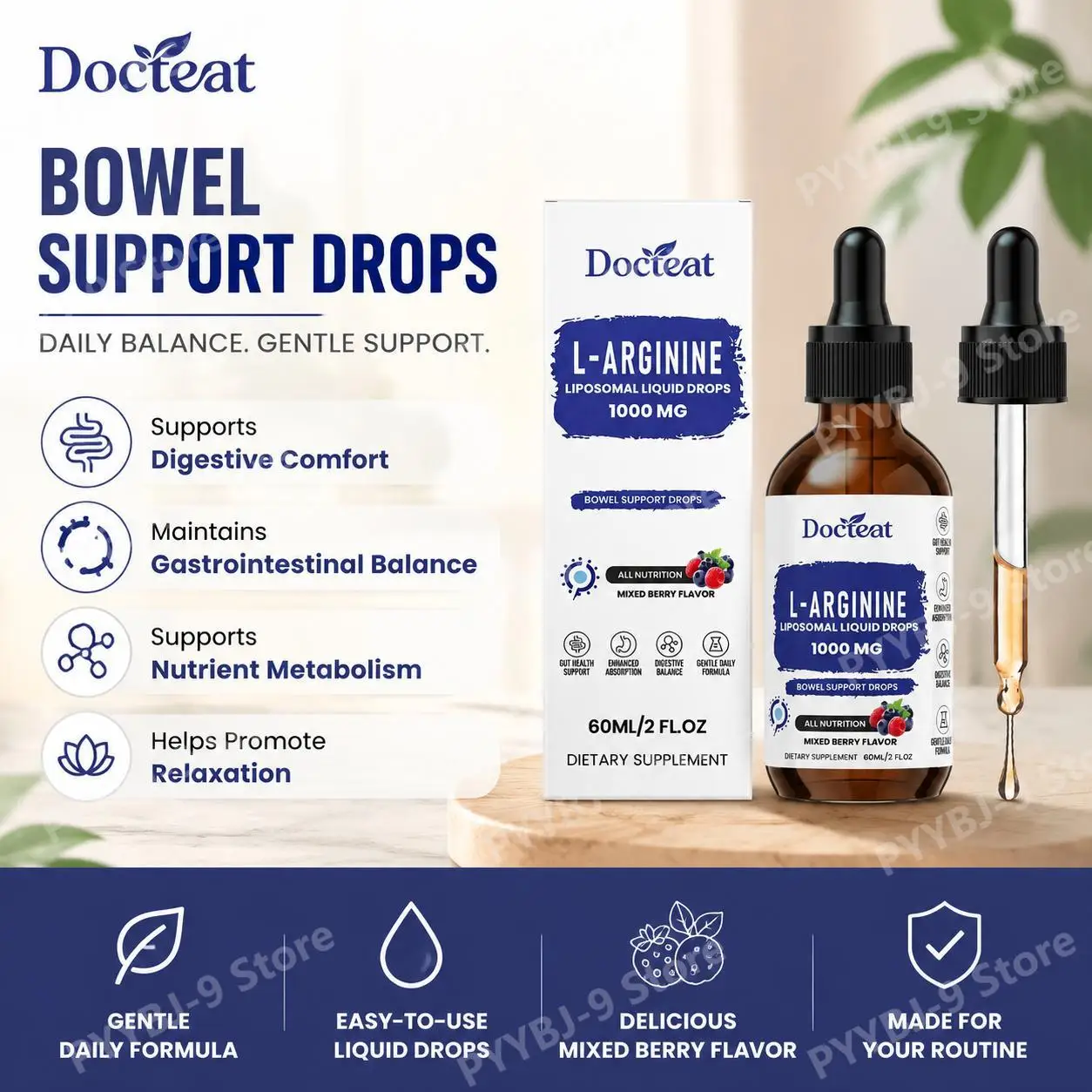 Docteat Bowel Support Drops, Digestive Comfort, Gut Balance, Relaxation and Nutrient Metabolism Support for Daily Ease, 60 ML