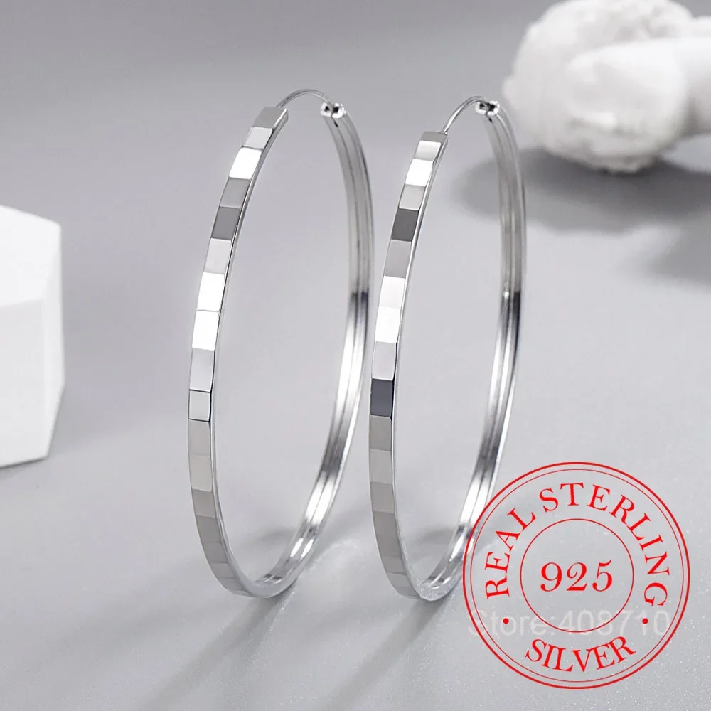 925 Sterling Silver Square Cutting Earrings For Women 3/4/5/6 CM Big Hoop Earrings Wedding Jewelry Ladies Aesthetic Accessories