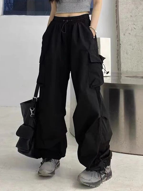 Trendy American High Street Wide Leg Cuffed Workwear Pants Unisex Loose Straight Casual Pants High Waist Polyester Fiber