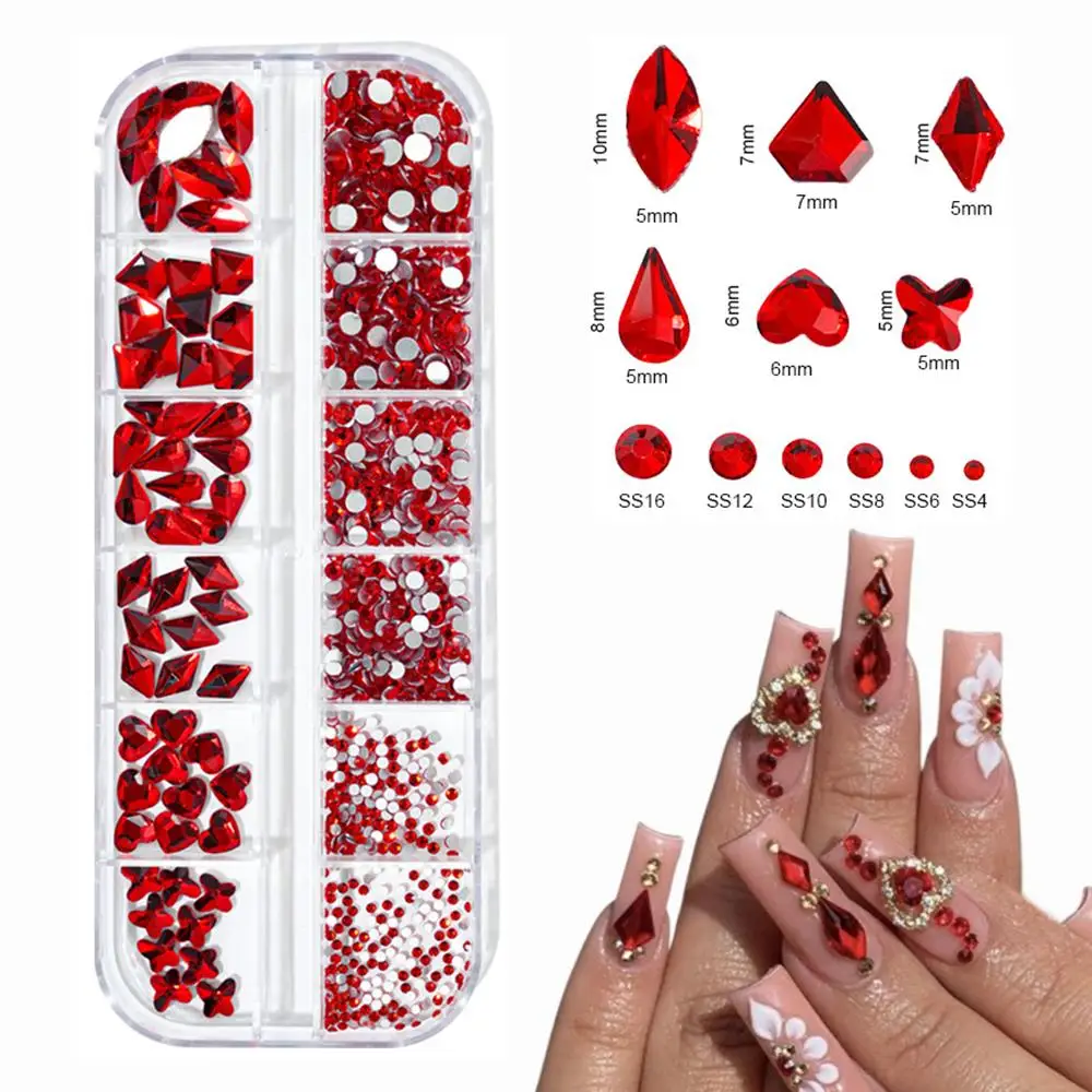 12 شبكة ثلاثية الأبعاد الأحمر مسمار الفن الراين مختلطة فلاتباك القلب/فراشة/قطرة/جولة جوهرة مسمار السحر DIY بها بنفسك ماكياج مانيكير الزينة و #1