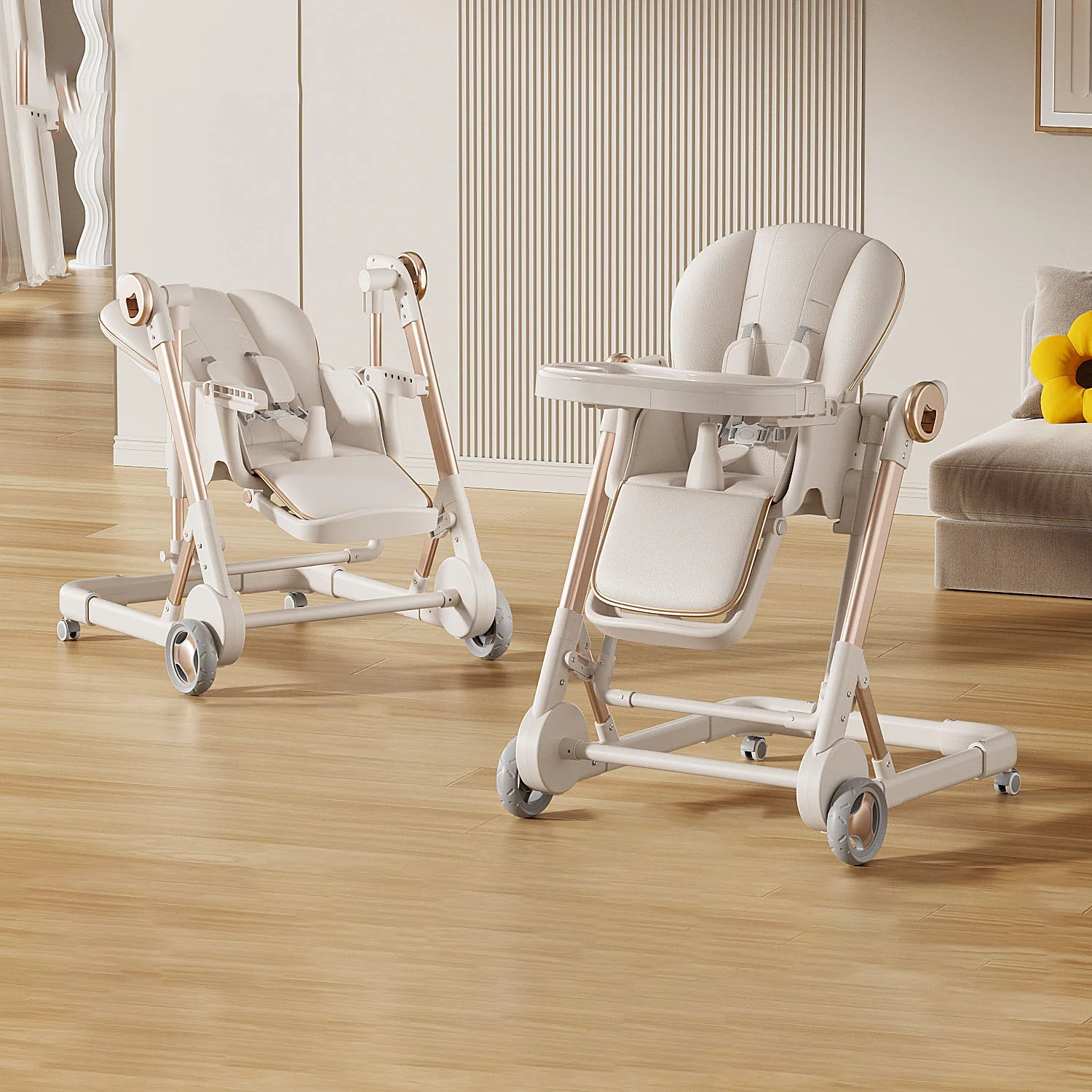 

Baby High Chair - Foldable, Multi-Functional, Convertible Rocker with Adjustable Backrest, Includes Cushion and Wheels, Seat Pad