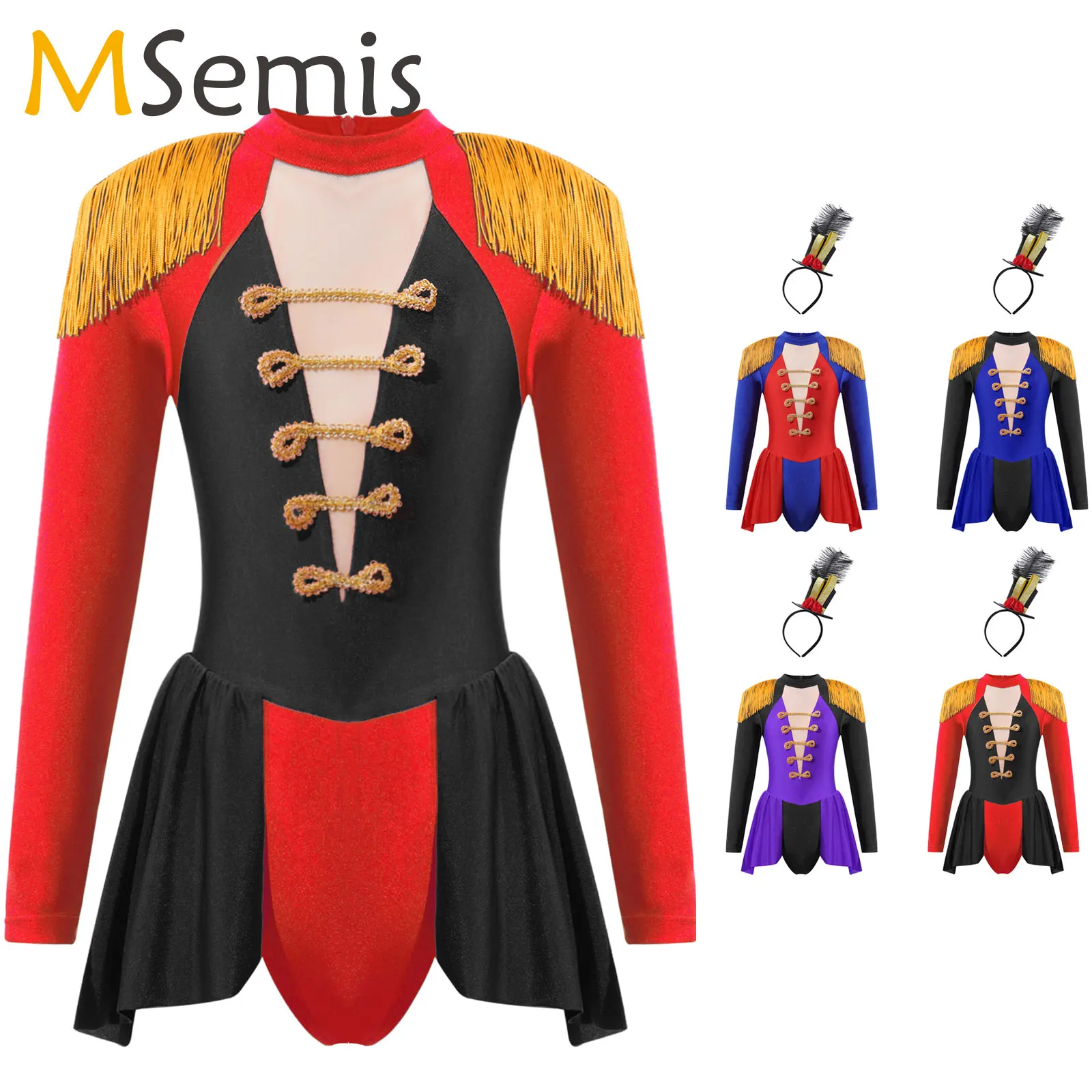 Kids Girls Ringmaster Circus Costume Set Long Sleeve Tassel Shoulder Bodysuit with Mini Top Hat for Halloween Cosplay Dress Up