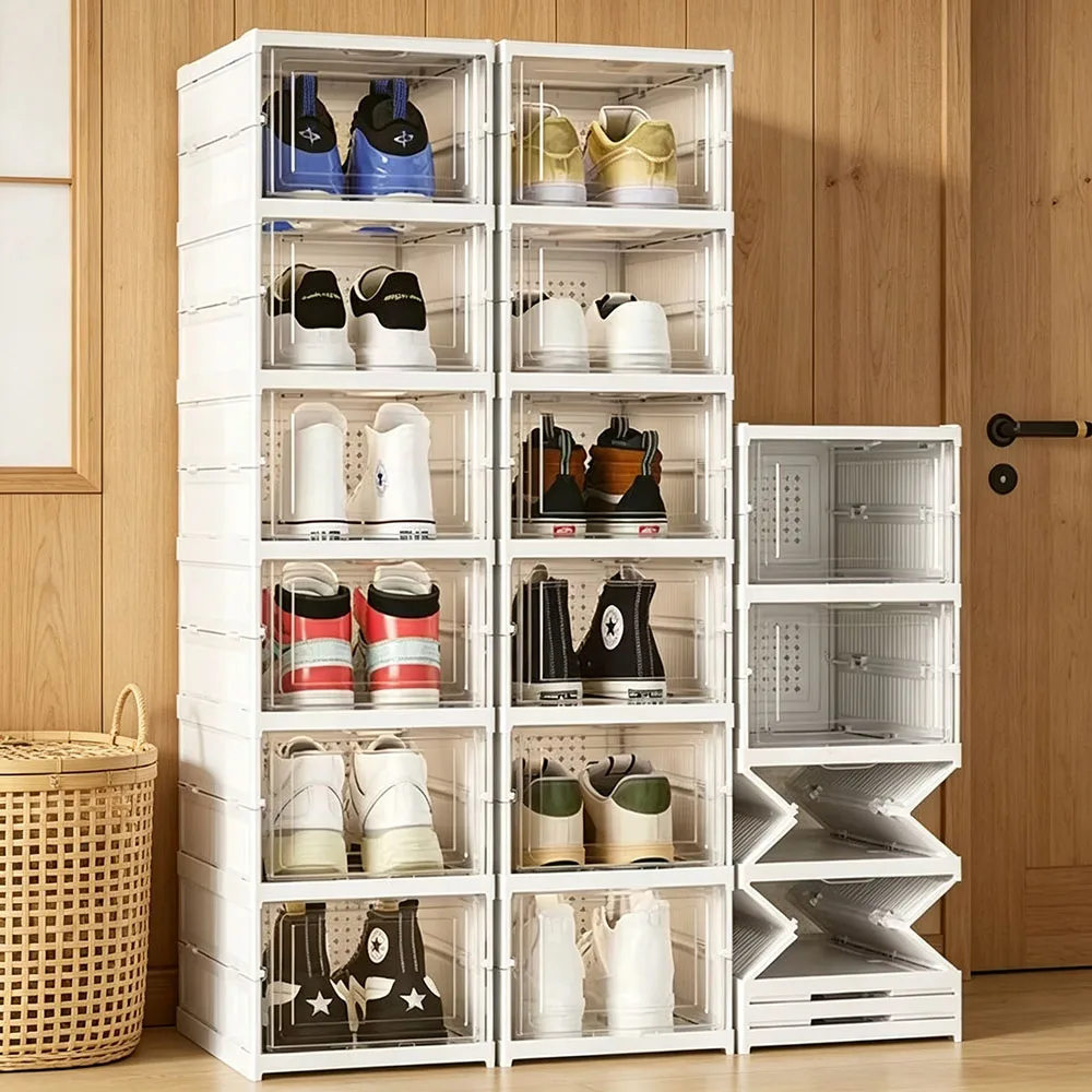 1/3 Layers Foldable Shoes Storage Box Transparent Sneaker Shoes Box Stackable Dustproof Cabinet Shoe Organizers Rack Shelf