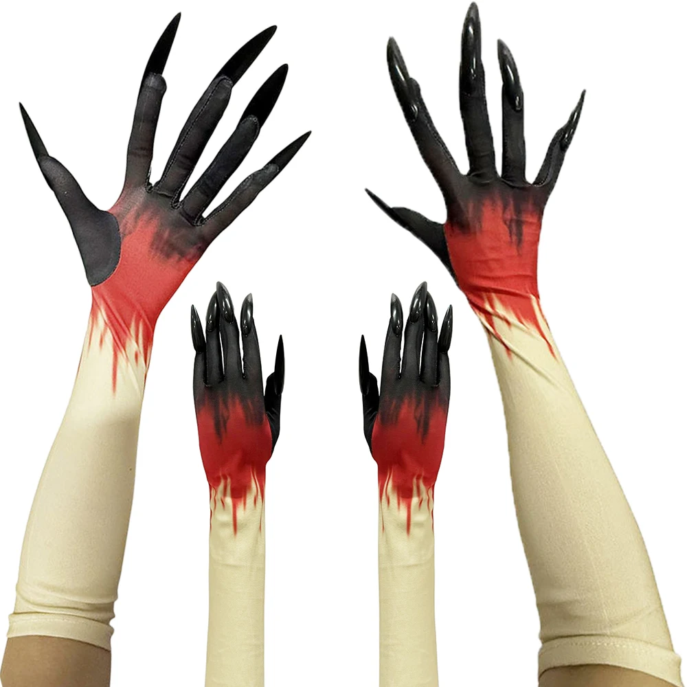 Long Claw Gloves Scary Sharp Claws Stretch Cuff Sleeves Blood-Red Gradient Ghost Claws Blood Stained Zombie Hands Halloween Prop