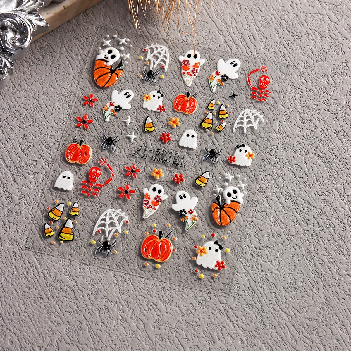 5D Embossed Halloween Nail Sticker, Cute Ghost Pumpkin Skull Bat Spider Floral Spooky Gothic Manicure Decorations DIY Nail Suppl view 5