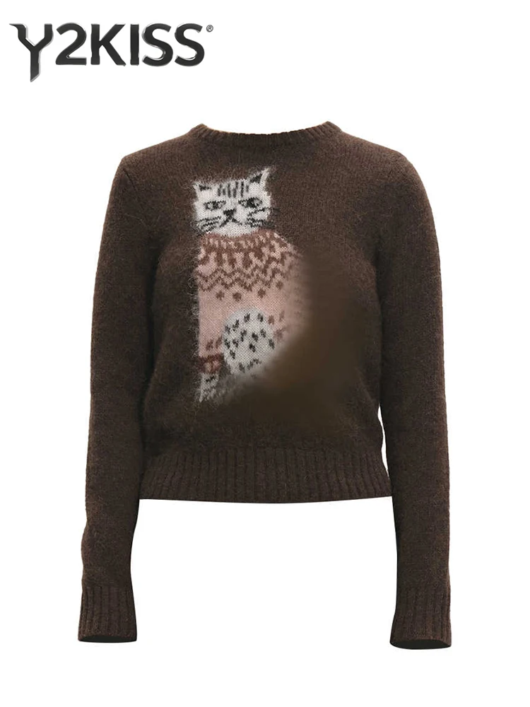 

Autumn Winter Women's Pullovers Korean Fashion Cute Core Cuddly Sweater Long Sleeve Maillard O-neck Knitwear Jerseys Jumper Cozy