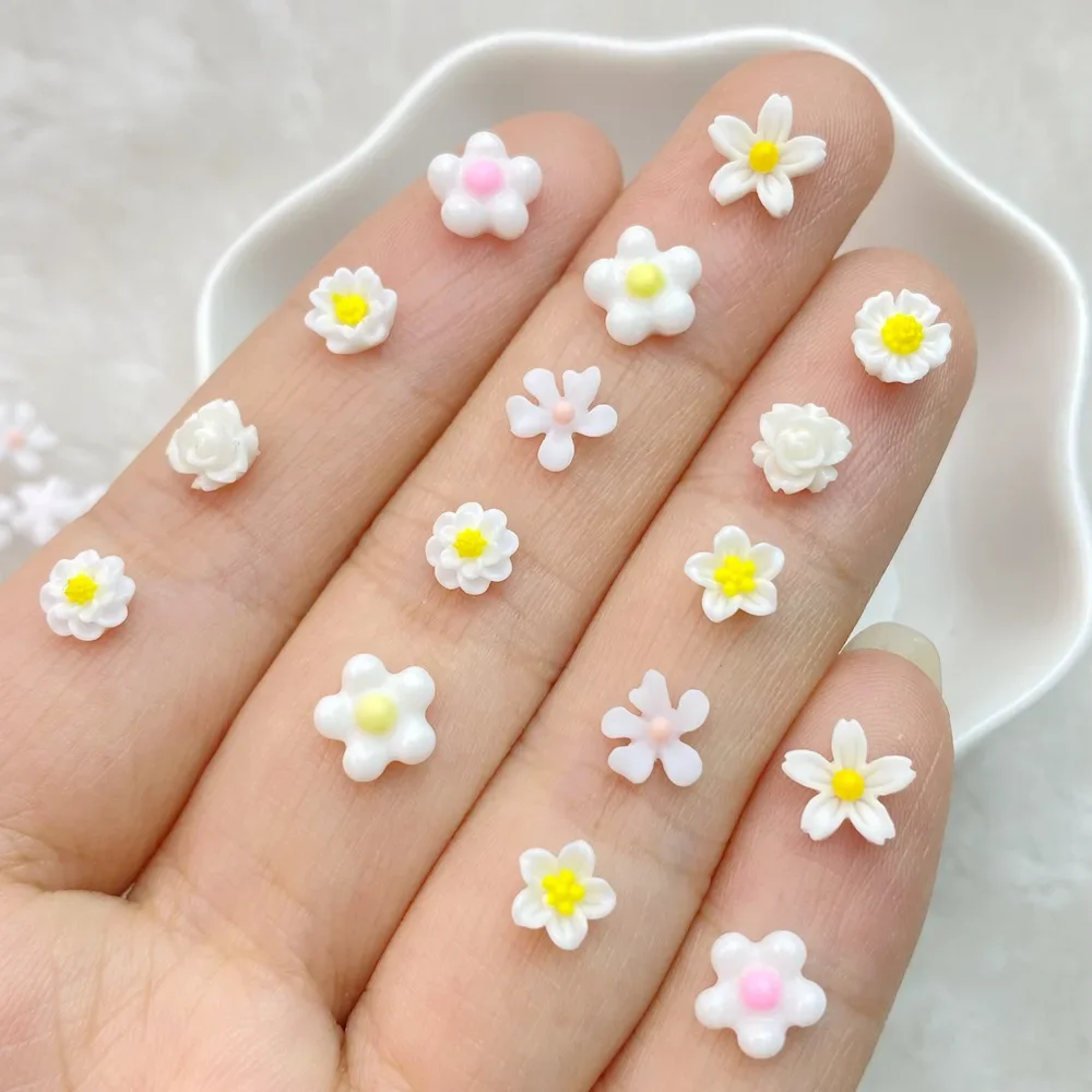 100Pcs Cute Resin Mini Cherry Blossoms, Plumeria Daisies FlatBack Cabochon Ornament Jewelry Making Manicure Hairwear Accessories