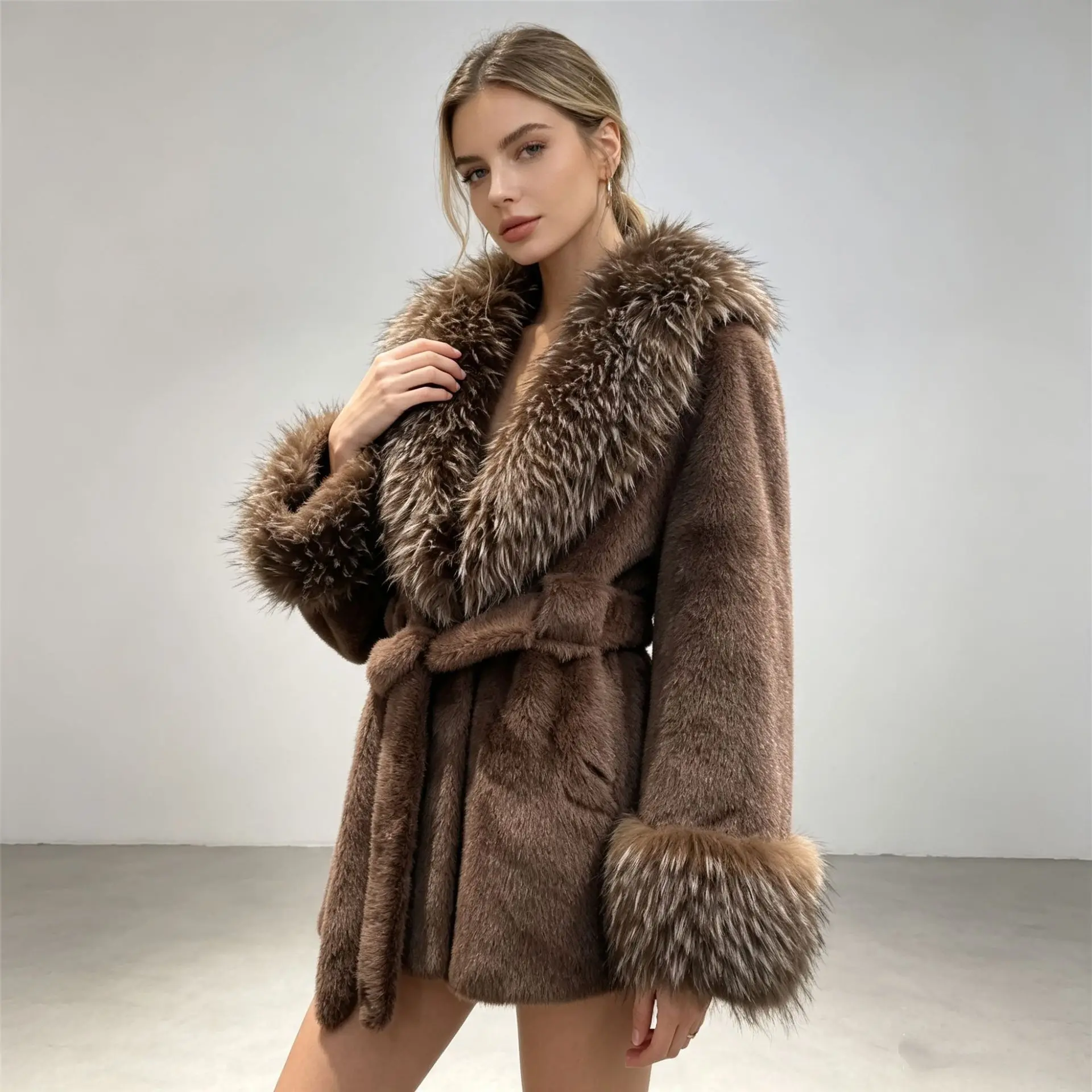Winter New Elegant Socialite Eco-Friendly Fur Coat for Women Imitation Fox Fur Collar V-Neck Long Sleeve Thickened Warm Coat