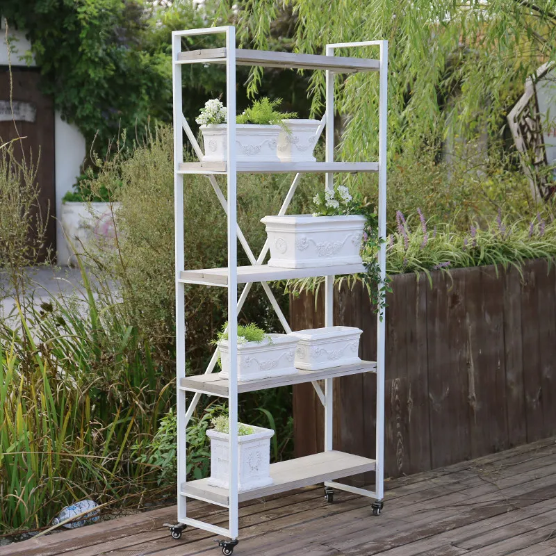 Anticorrosive wood flower stand, wrought iron flower pot stand, movable shelf,  outdoor garden balcony decoration