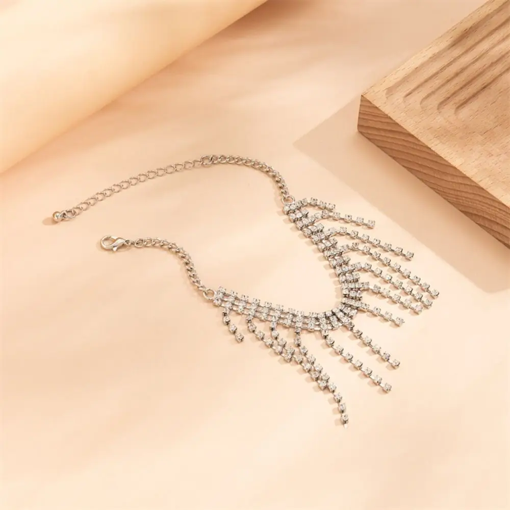 Tobilleras con diamantes de imitación a la moda, cadena ajustable con pies brillantes, accesorios de joyería con borlas simples para playa