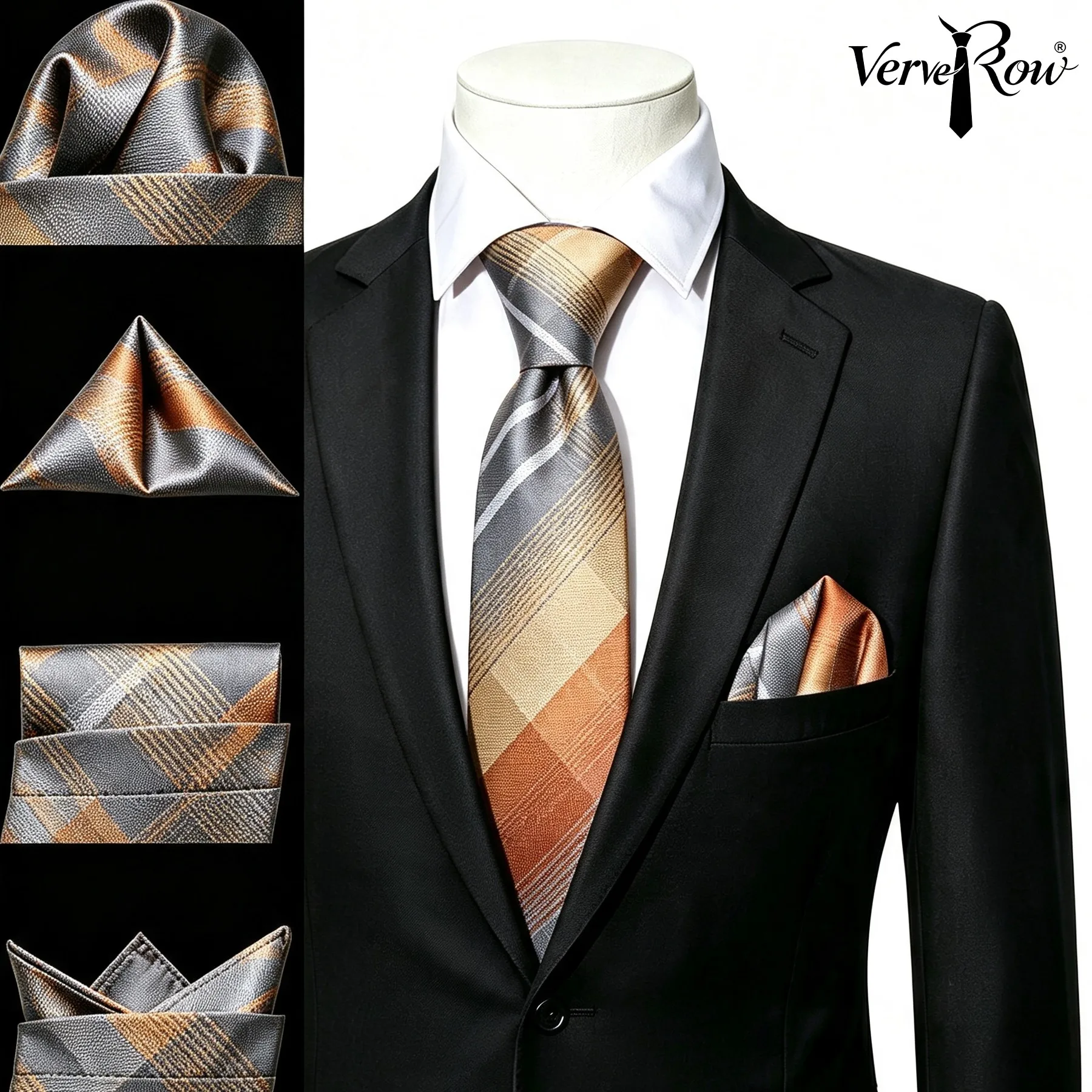 Orange Grey Check Tie Or Pocket Square Kit VerveRow Men Formal Accessory Party Occasion Fine Weaving Comfort Stylish Outfit 2Pcs