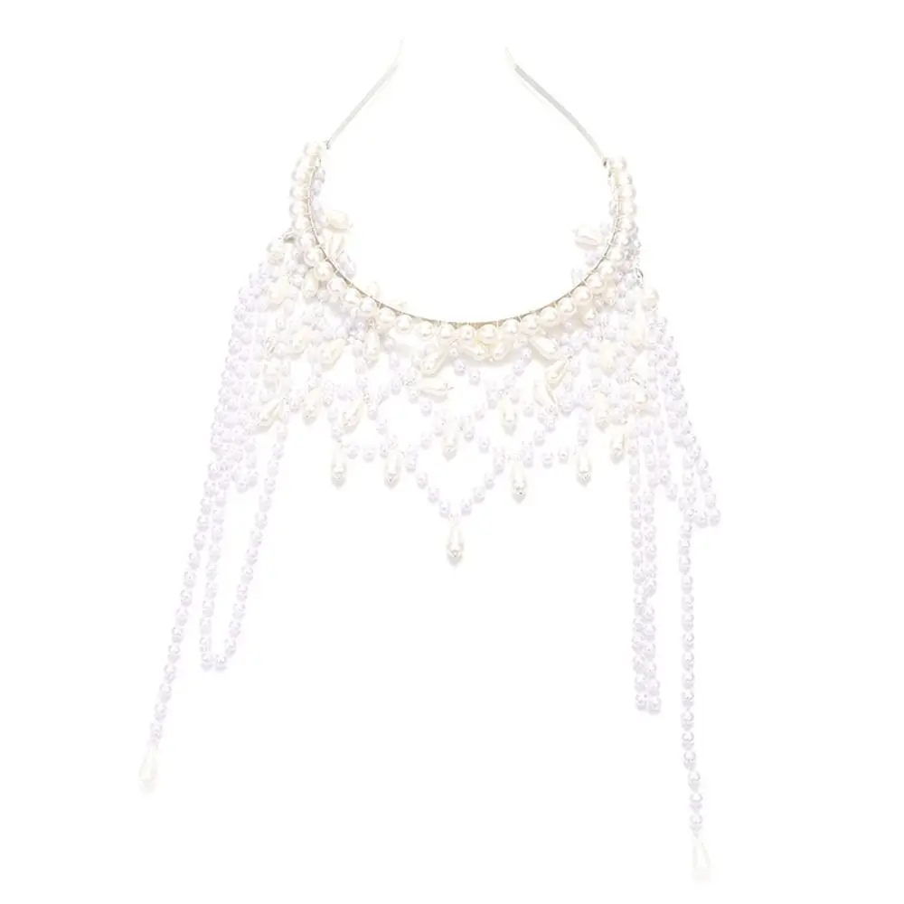 Handmade Imitation Pearls Bridal Head Chain Tassel Multi-Layer Forehead Hair Jewelry Waterdrop Beaded Dangling Fringe