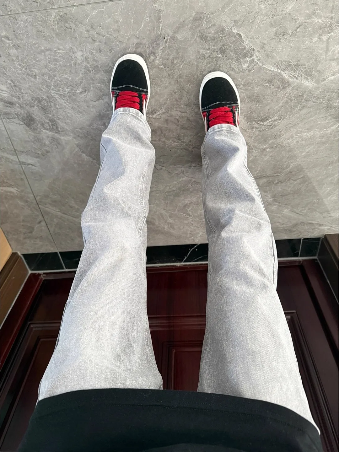 

Gray Fleece Lined Bootcut Jeans Men's Autumn Winter Straight Leg Knife Jeans High Street American Style Slimming Pants
