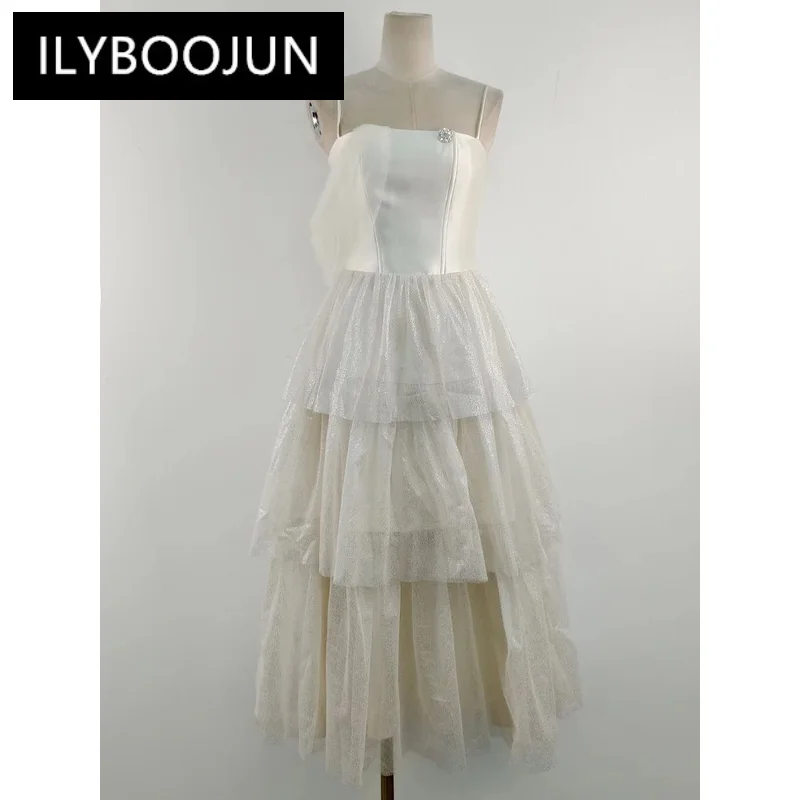 

ILYBOOJUN Colorblock Elegant Spliced Mesh Dresses For Women Strapless Off The Shoulder Sleeve High Waist Dress Female Fashion