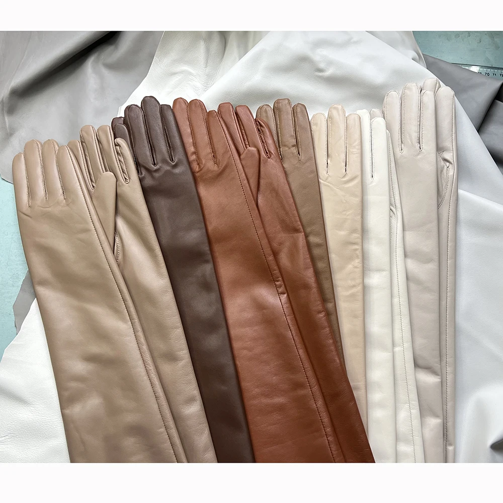 Men's Long Leather Gloves Drive Opera Gloves Over the elbow Gray Brown White Fashion Stage Catwalk Gloves Earth color Lengthen