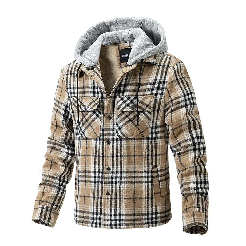 Men\'s Fleece Plaid Flannel Shirt Jacket Winter Casual Hooded Jacket Thicken Warm Removable Hat Overcoat Sherpa Outerwear MY985