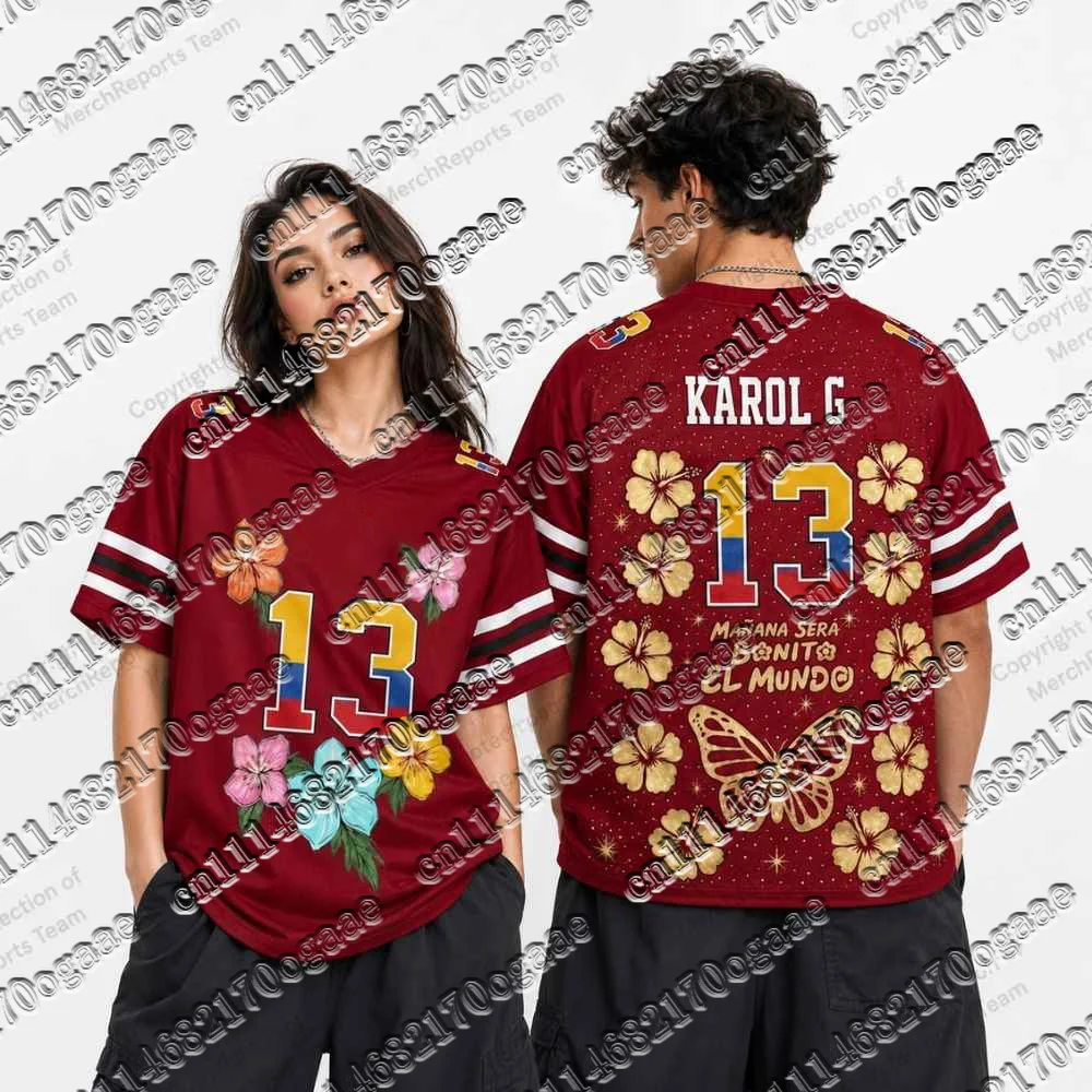 Men Karol G Viajando Por El Mundo Tropi Tour Football Jersey Y2K Oversized Short Sleeve Latin Music Streetwear Mesh Sport Top
