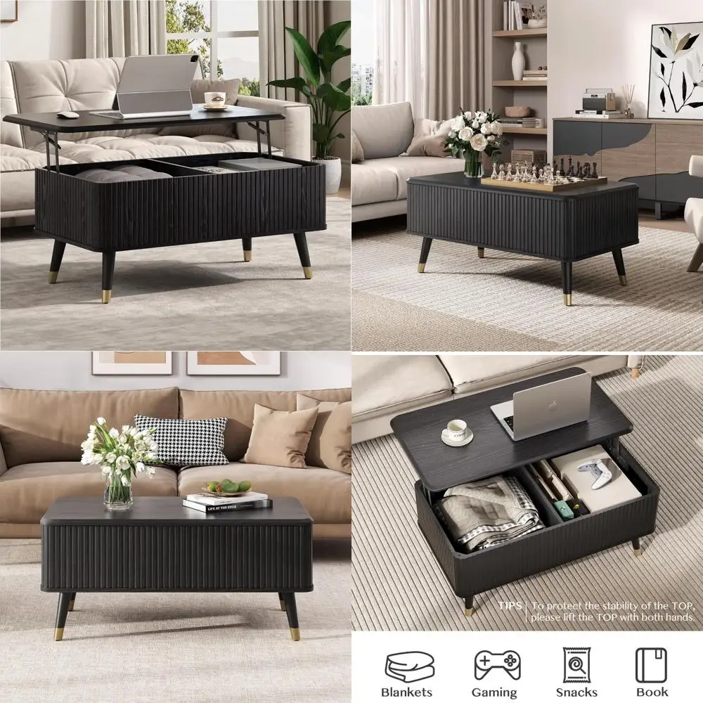 

Mid Century Modern Lift Top Coffee Table with Hidden Storage, 38 Fluted Center Table for Living Room, Stylish Storage Solution