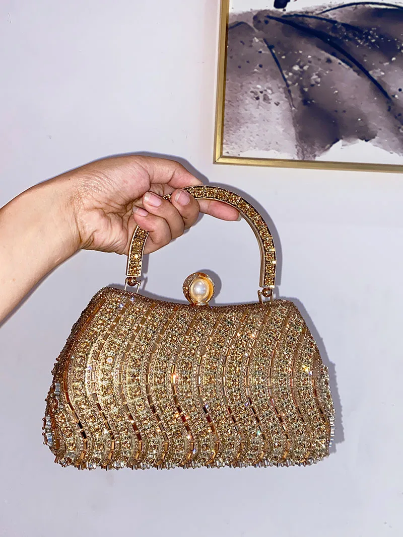 Wholesale Trendy Gold Rhinestone Bag Fashionable Full Diamond Hand-Held Party Dinner Bag with Polyester Lining