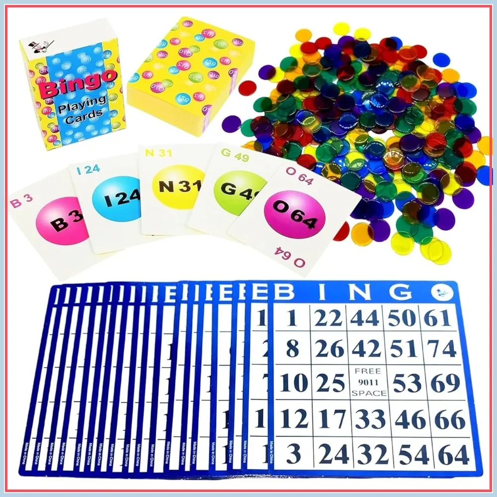 

Bingo Game Set: 18 Cards, 300 Chips & Calling Cards - Family Fun