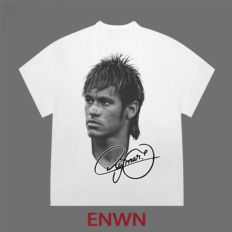 الأمريكية الرجعية الهيب هوب نيمار تي شيرت الرجال فضفاض القطن طاقم الرقبة العصرية لكرة القدم المحملة