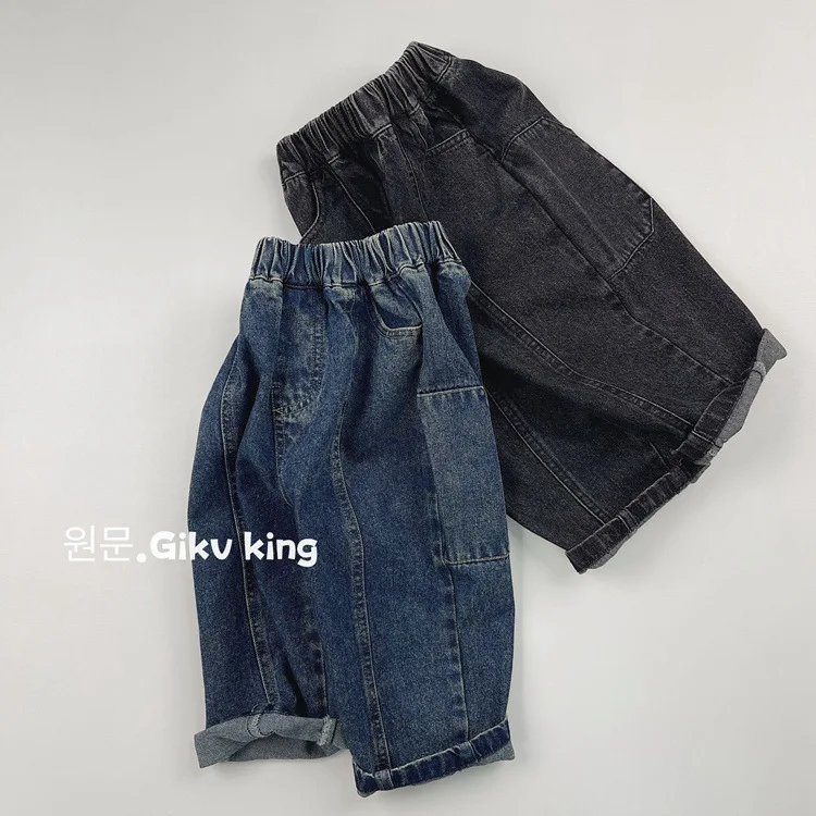 Korean 2024 Autumn Kids Baby Boys Pants Denim Spliced Loose Pocket Casual Vintage Toddler Boys Trousers Children Boys Jeans