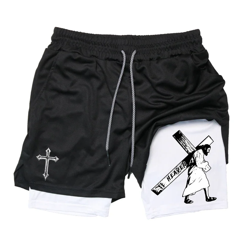 

New Fashion Cross Graphic 2 in 1 Workout Running Shorts for Men Gym Athletic Quick Dry Shorts with Phone Pocket Activewear Moto