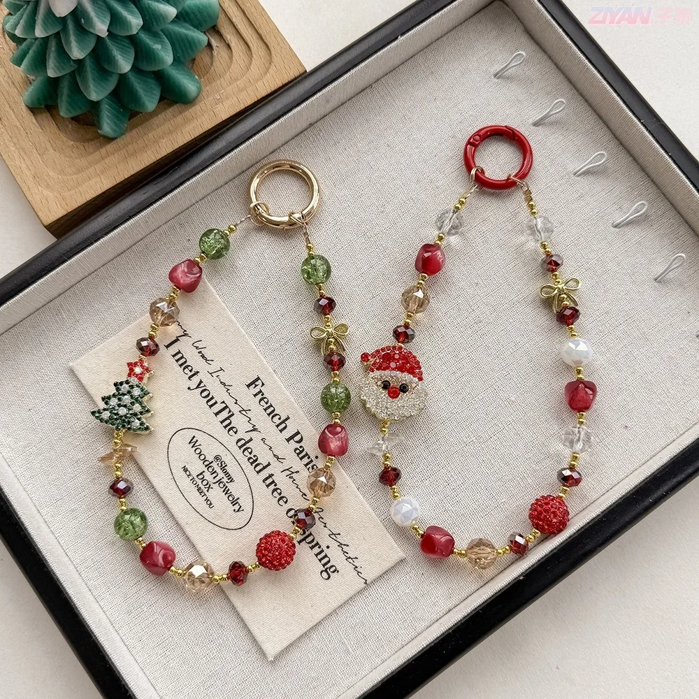 

Новинка, Рождественская елка, ремешок для мобильного телефона, Санта-Клаус, анти-потерянная цепочка для камеры, каплевидная бусина, украшение для рюкзака, хрустальный кулон