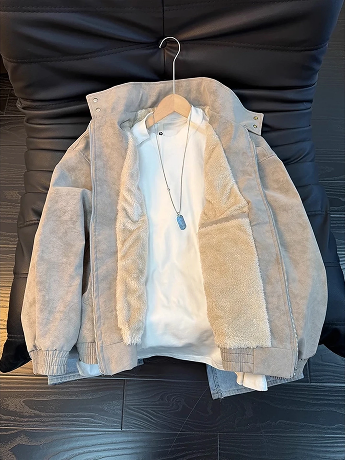 

American Retro Waed One-Piece Fce Jaet Men's Thiened Winter CleanFit Stand Collar Cotton Outerwear Warmth Youth