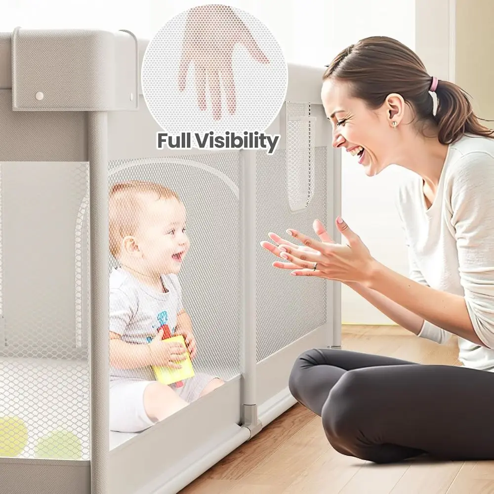 Cercadinho de bebê resistente cinza com portão, 69 x 59 pol., área de jogo interna para bebês e crianças pequenas