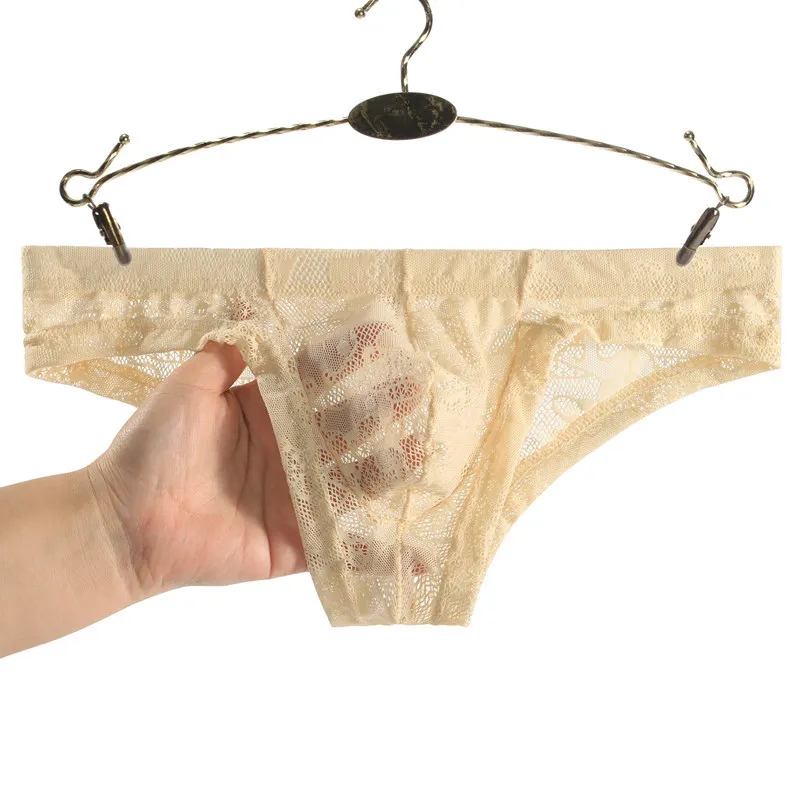 

Men's Low Waist Solid Brief Lace Transparent Lingerie Panties Breathable Thin Bulge Pouch Bikini Briefs Soft Comfort Underwear