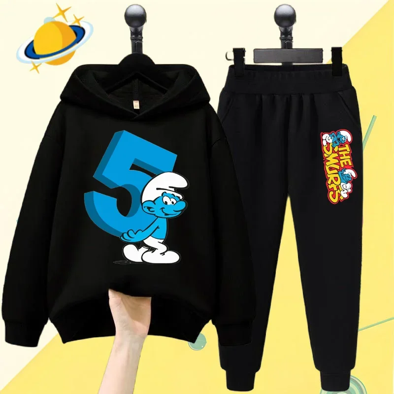 Smurf Smurfette anime children's hoodie set Cartoon print Autumn/Winter long sleeve sweatshirt Boy/Girl Kawaii casual top gift