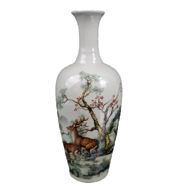 

Chinese Old Porcelain Pink Deer Pattern Long Neck Bottle Vase Traditional Decorative Floor Standing collectibles