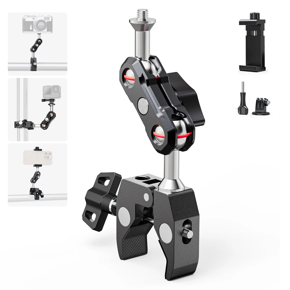 Super Camera Clamp Mount, Double Ball Head Magic Arm Adapter, Fence/Desk/Tripod Mount for Monitor/Light/Camera, for GoPro
