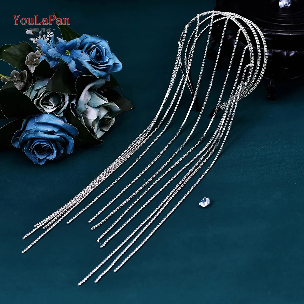 Youlapan strass corrente aros de cabelo acessórios de casamento nupcial longo cristal cabelo videira mulher festa headwear borlas hp612
