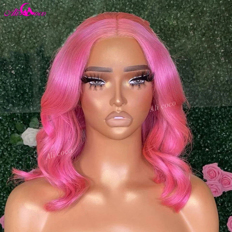 

Pink Bob 13x4 Lace Front Wig Remy Hair Body Wave Short Bob Wigs 13x6 Lace Frontal Human Hair For Women Transparent 180 Density