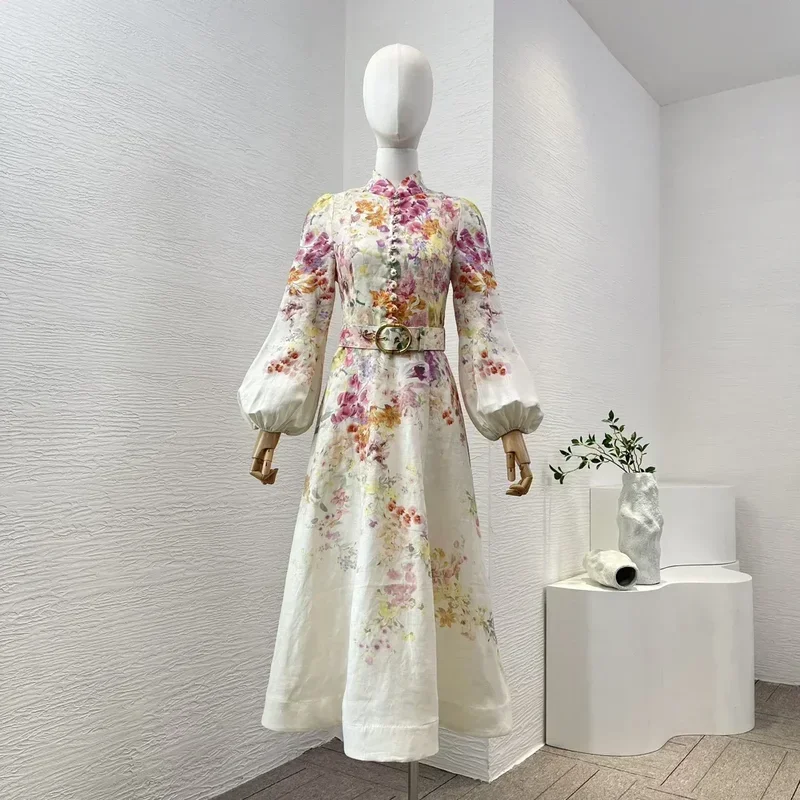 2024 Vintage nuevo blanco estampado Floral manga larga linterna con cinturón de lino de alta calidad vestido Midi para mujer