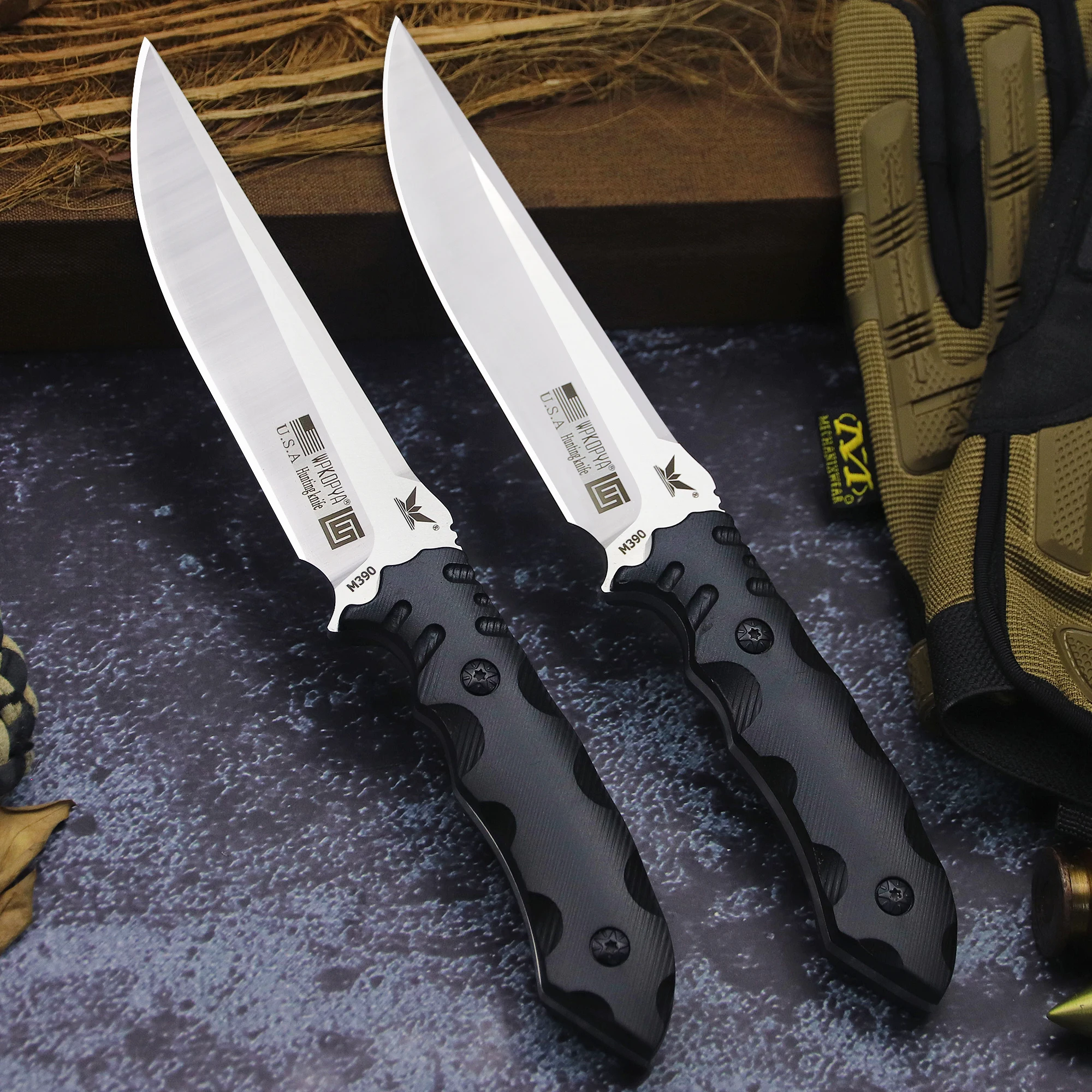 (General King) M390 Black Hunting Tactical Straight Knife, Outdoor Multi-purpose EDC Tool Knife + Sheath, Jungle survival Knife