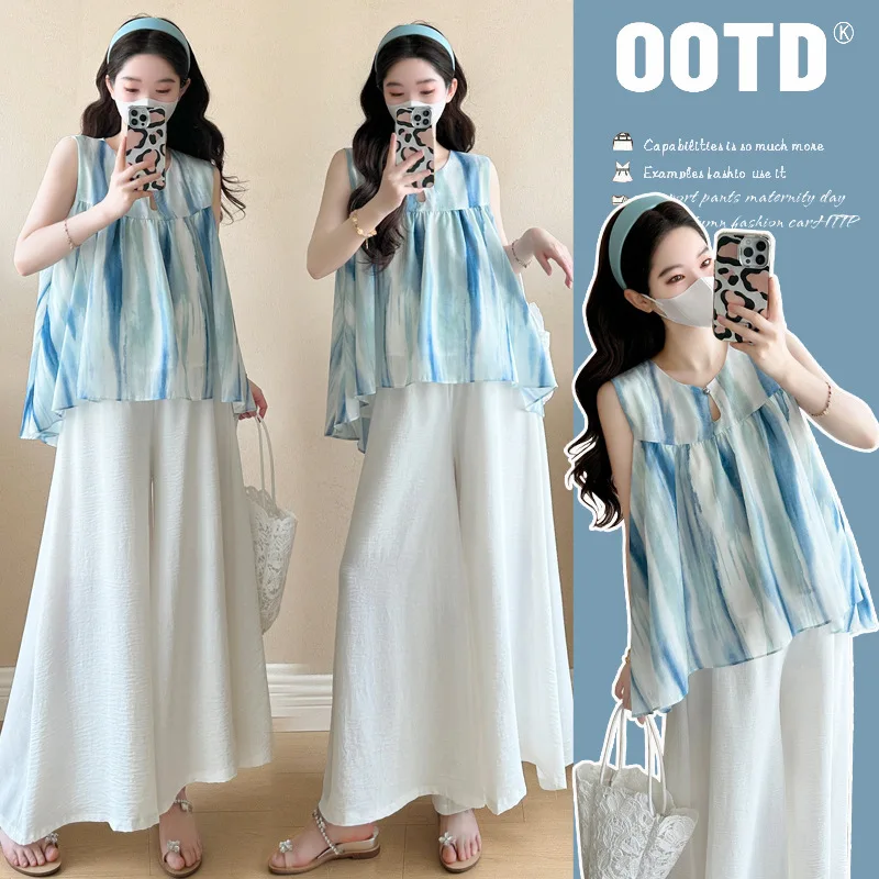 

Summer Maternity Set New Color Sleeveless Babydoll Top Wearable Tank Blouse Wide Leg Pants Petite Mom Outfit Comfortable