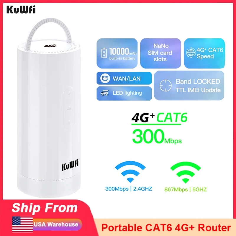 

KuWFi CAT6 SIM Router 1200Mbps 2.4GHz/5GHz Single WiFi 10000mAh Battery LED Lighting 4G+ LTE Modem TS9 Port with Free SIM Card