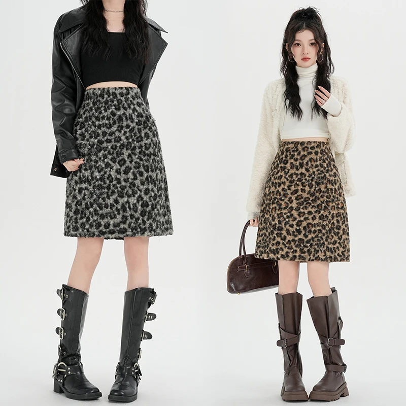 กระโปรงสั้นลายเสือดาวสำหรับผู้หญิง ผ้าขนสัตว์ แฟชั่นฤดูใบไม้ร่วงฤดูหนาว 2026 เอวสูง ยางยืด ทรงเอ กระโปรงหนา สไตล์สตรีทแวร์