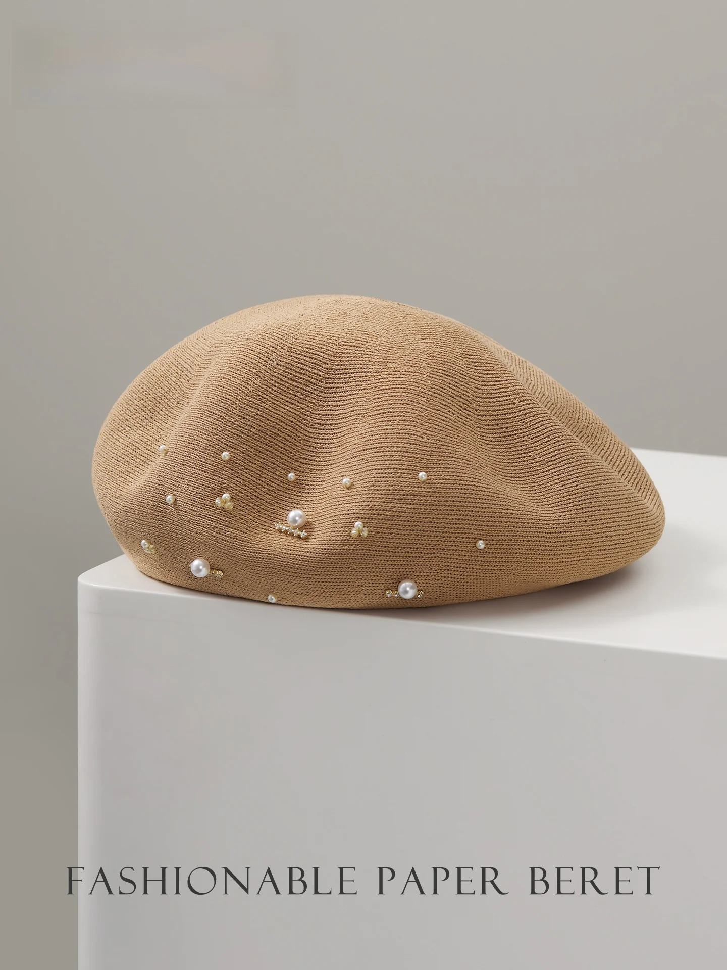 khaki-paper-weave-pearl-beret-hat-women-spring-summer-outing-versatile-bud-hat-shopping-breathable-painter-hat-adjustable-rou