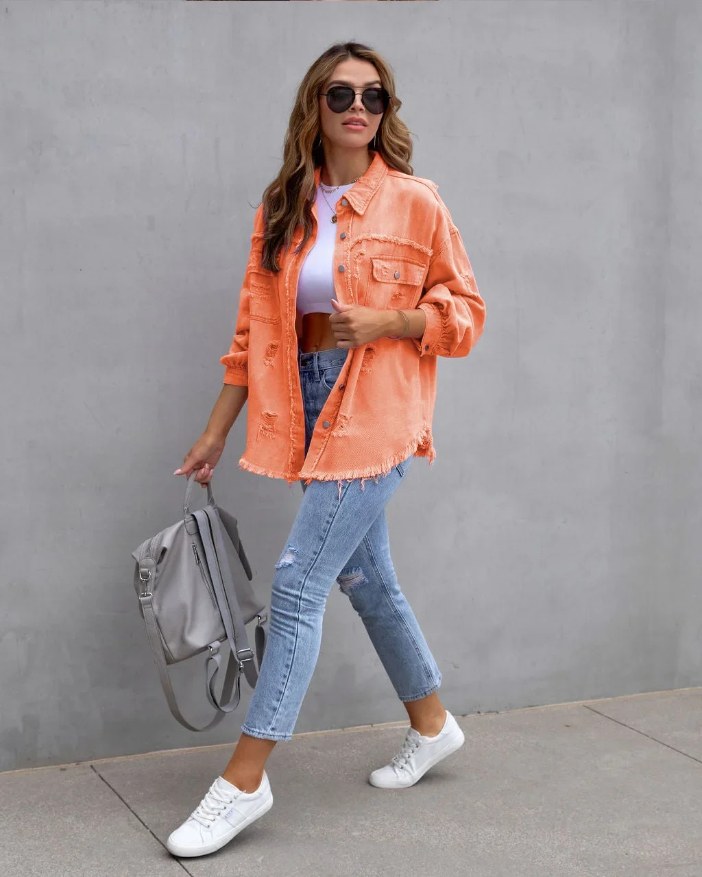 Women's Denim Jacket Autumn New Fashion Solid Color Broken Hole Denim Jacket Long Sleeved Casual Lapel Top Streetwear Cardigan