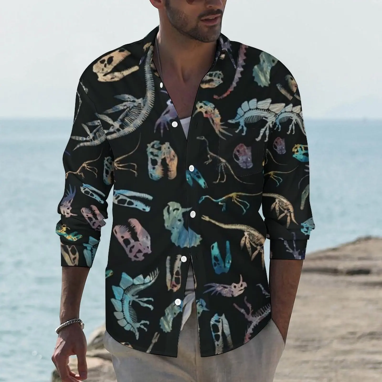 Casual Men's Loose Cartoon Long Sleeve Shirt Fashion 3D Yellow And Black Bat Pattern Printed Tops Street Design Daily Shirt Men