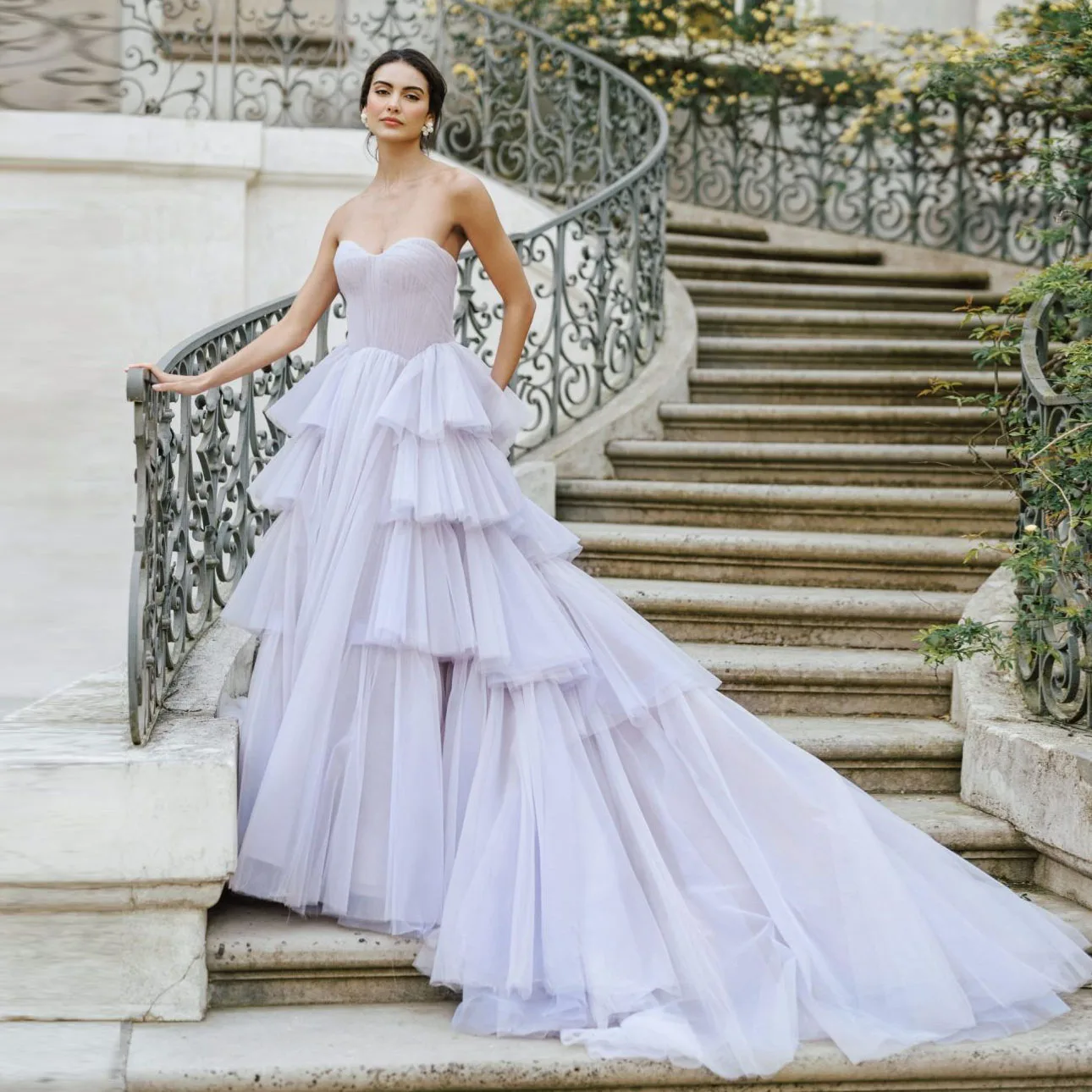 

Pretty Lavender Tiered Tulle Bridal Dresses With Flroal Veil Puff A-line Tutu Tulle Formal Party Gowns Lace Up Women Maxi Dress