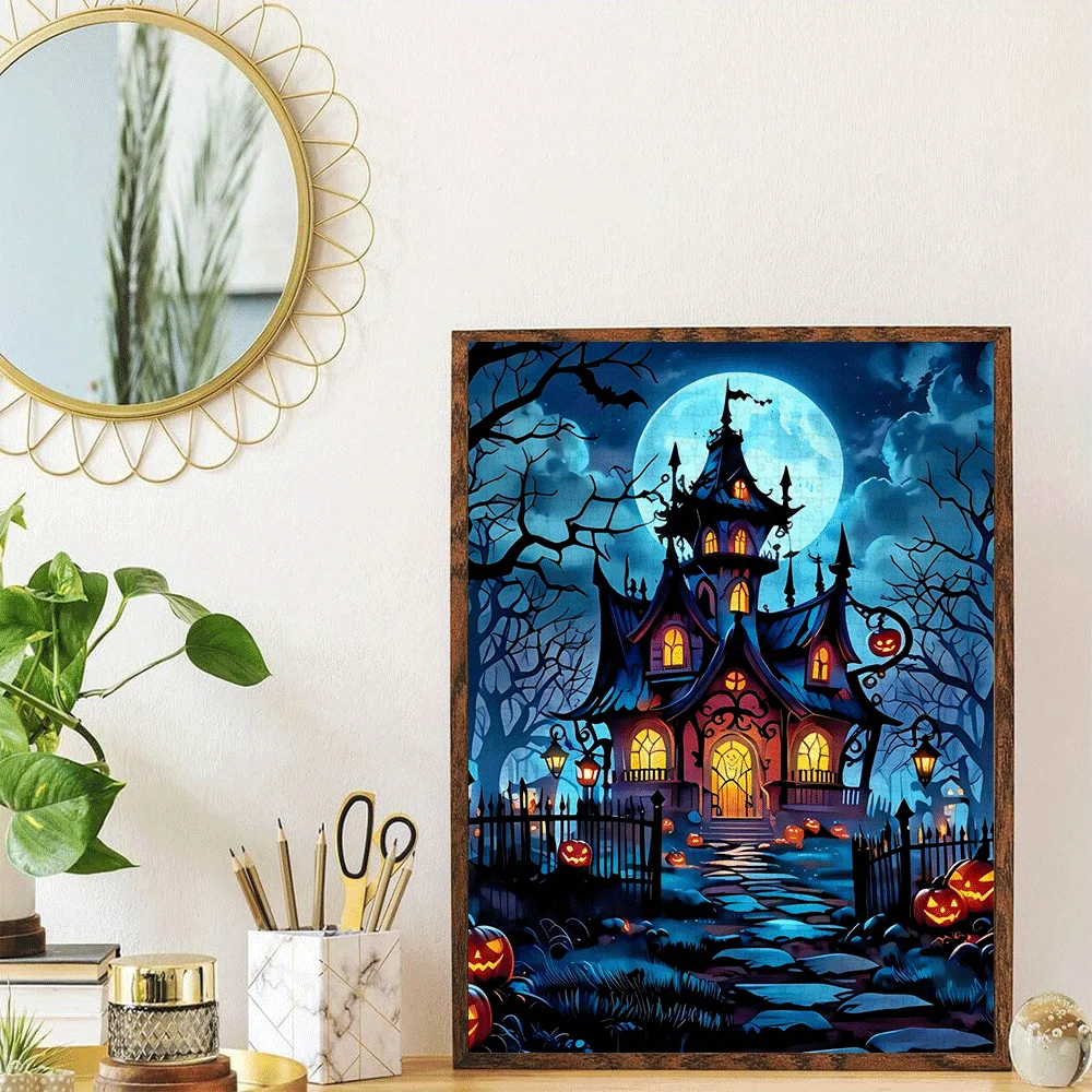 Puzzle na Halloween dla dorosłych - 1000 elementów, straszny dwór z dyniami, nietoperzami i sceną pełnego księżyca - wieczór gier rodzinnych